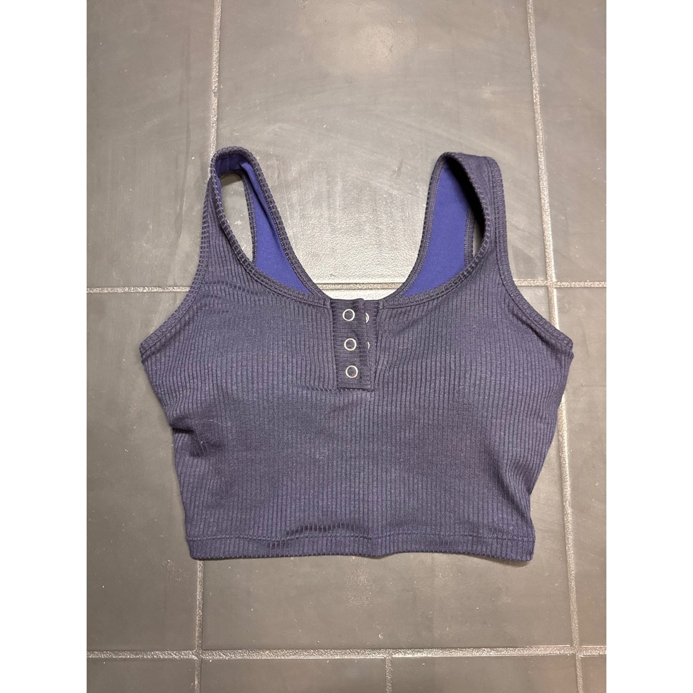 Bombshell Sportswear Ribbed Henley Crop Top Navy Blue Small Workout Tank